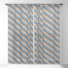 [ Thumbnail: Blue, Dark Slate Gray, and Brown Colored Lined Pattern Sheer Curtain ]