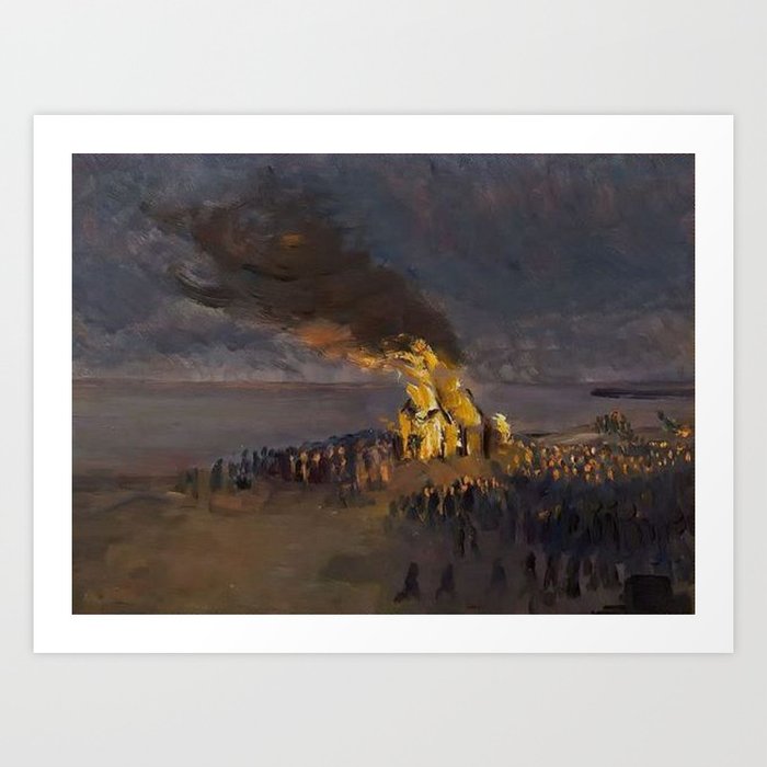 Summertime Shore Dinner and Beach Bonfire landscape painting by Helga Ancher Art Print