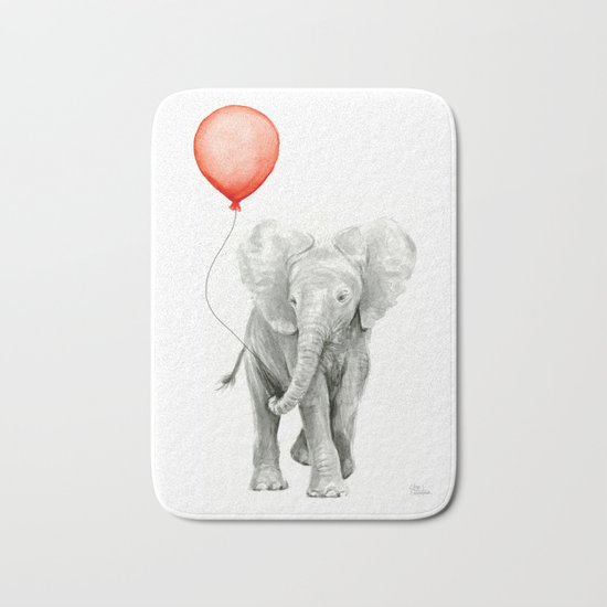 Baby Elephant Watercolor Red Balloon Nursery Decor Bath Mat