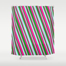 [ Thumbnail: Turquoise, Deep Pink, and Forest Green Colored Pattern of Stripes Shower Curtain ]