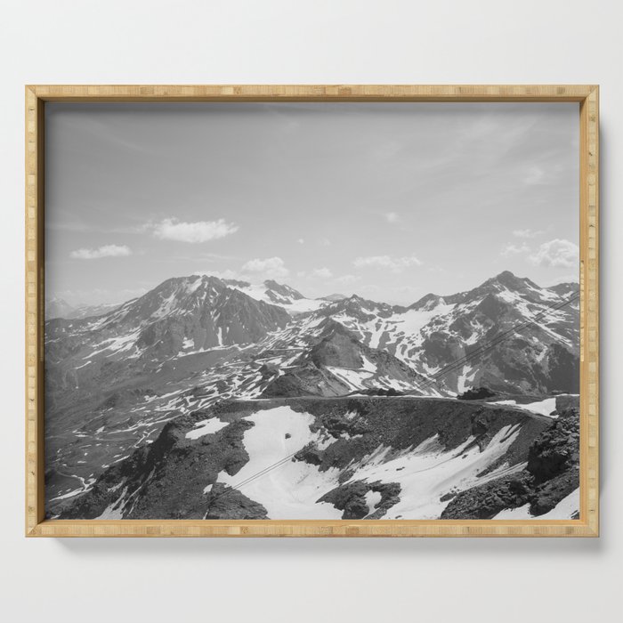 Black and white mountains art print - snow in the french alps - nature and travel photography Serving Tray