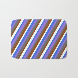 [ Thumbnail: Eye-catching Dim Grey, Brown, Mint Cream, Royal Blue, and Purple Colored Lines/Stripes Pattern Bath Mat ]