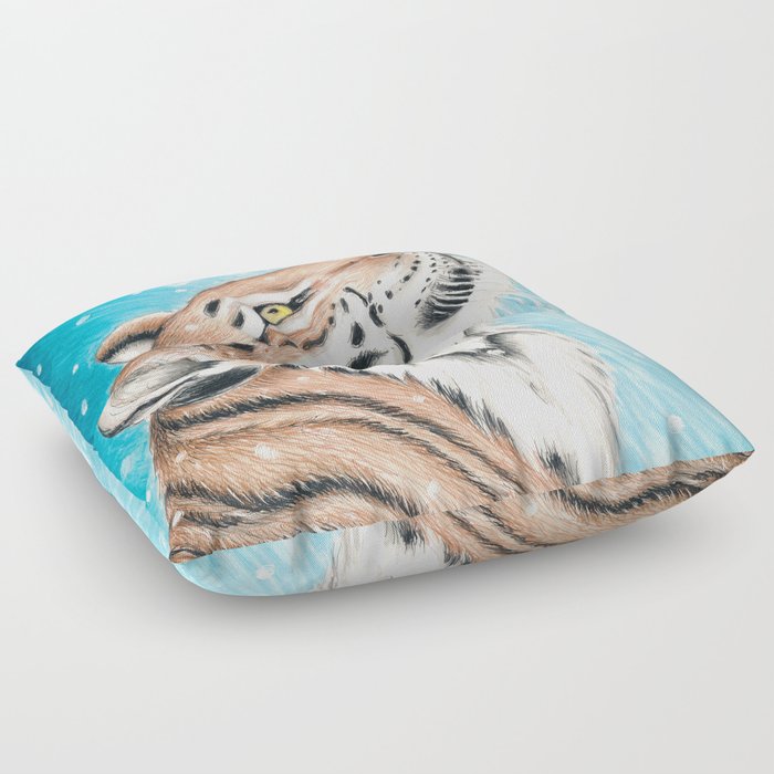 Cute Tiger Big Cat Looking Up Snow Sky Ink Art Floor Pillow