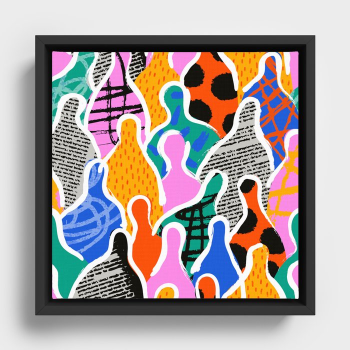 Colorful diverse people collage art pattern Framed Canvas