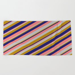 [ Thumbnail: Light Coral, Grey, Dark Goldenrod & Midnight Blue Colored Lines Pattern Beach Towel ]