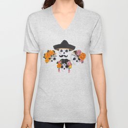 Charro mexican kawaii cute sugar skull mexican style marigold cempasúchil V Neck T Shirt
