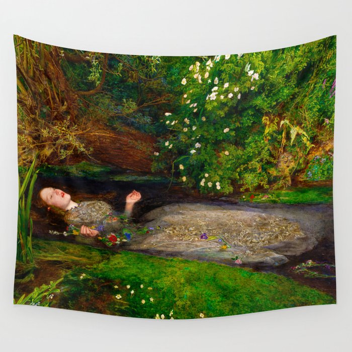 John Everett Millais (British, 1829-1896) - OPHELIA - Date: 1851-1852  - Romanticism, Pre-Raphaelites - Literary painting (Shakespeare's play Hamlet) - Oil - Digitally Enhanced Version - Wall Tapestry