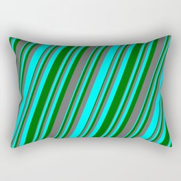 [ Thumbnail: Aqua, Dark Green & Dim Grey Colored Lines/Stripes Pattern Rectangular Pillow ]