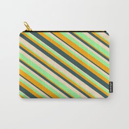 [ Thumbnail: Orange, Dark Slate Gray, Bisque, and Green Colored Lined/Striped Pattern Carry-All Pouch ]