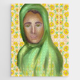 Woman In Green Hijab With Yellow Floral Background Jigsaw Puzzle