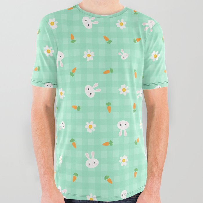 Bunnies, carrots & daisies (Mint green Gingham) All Over Graphic Tee