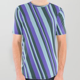 [ Thumbnail: Slate Blue, Dark Slate Gray, and Light Blue Colored Pattern of Stripes All Over Graphic Tee ]
