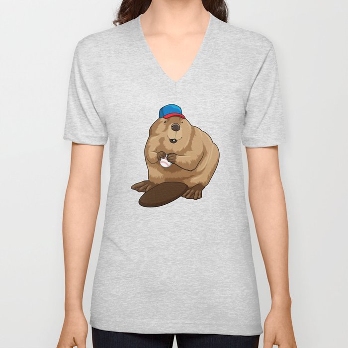 Beaver at Baseball with Baseball ball V Neck T Shirt
