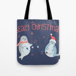 Sealy Christmas Cute Seals in Christmas Hat and Scarf with Twinkle Lights Tote Bag