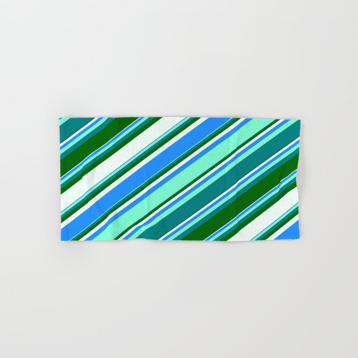 Colorful Blue, Aquamarine, Teal, Dark Green, and Mint Cream Colored Lines/Stripes Pattern Hand & Bath Towel