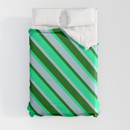 [ Thumbnail: Light Blue, Dark Green & Green Colored Stripes/Lines Pattern Duvet Cover ]