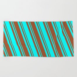 [ Thumbnail: Sienna & Cyan Colored Striped/Lined Pattern Beach Towel ]