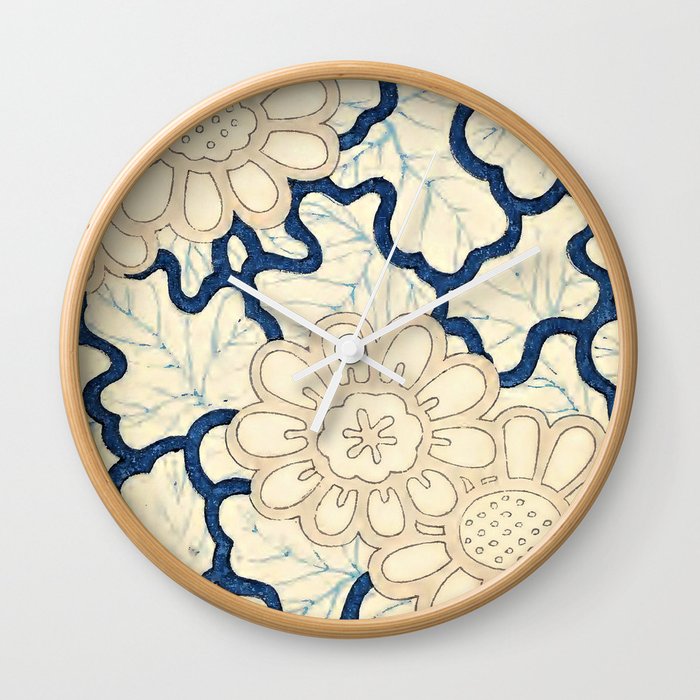 Blue Leaves and White Flowers Antique Japanese Print Wall Clock