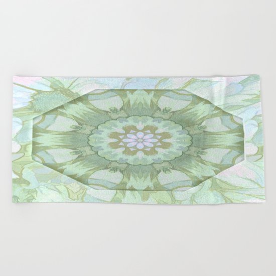 Soft Green Floral Kaleidoscope Beach Towel