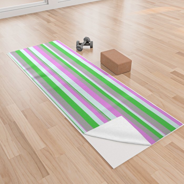 Violet, Light Cyan, Lime Green, and Dark Grey Colored Lines/Stripes Pattern Yoga Towel