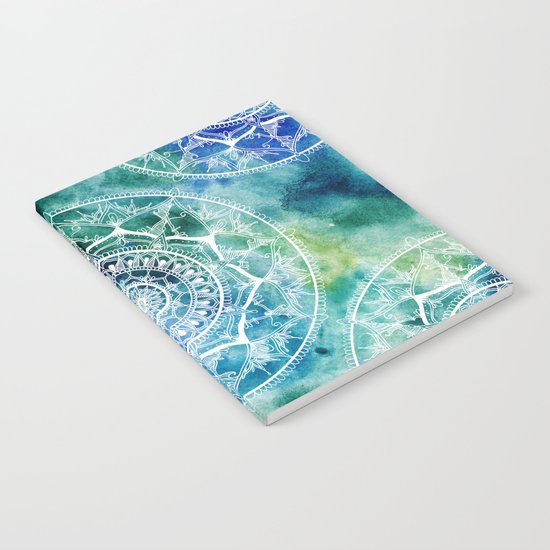 White Circle Mandala on Blue Watercolour Notebook