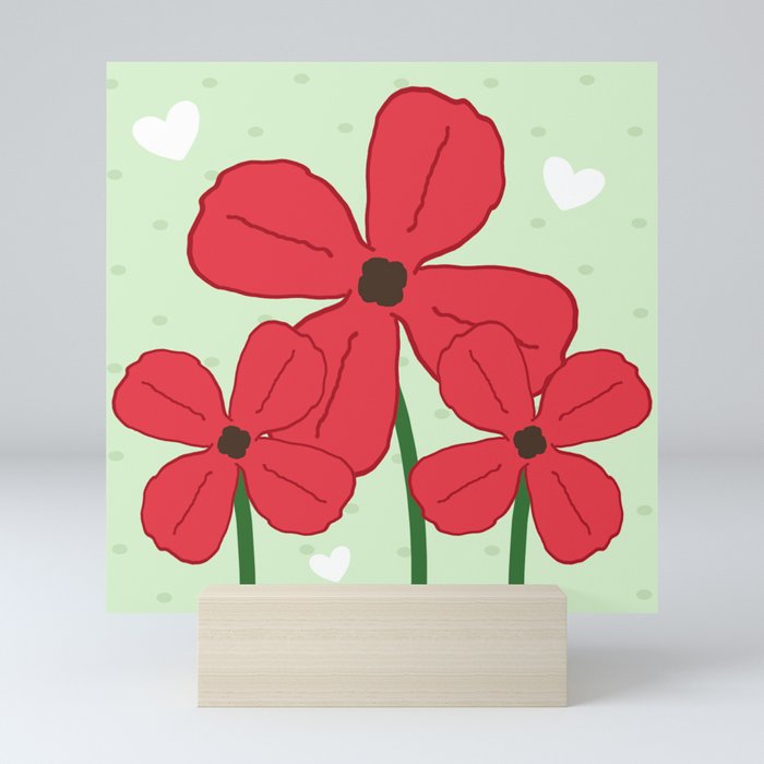 Red Poppy Flowers On Lime Green With Hearts Mini Art Print