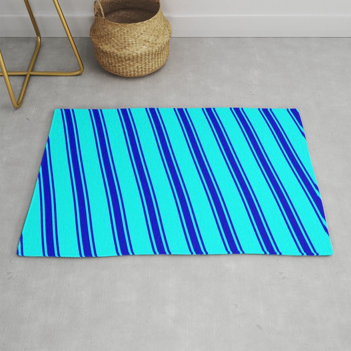 Cyan & Blue Colored Lined/Striped Pattern Rug