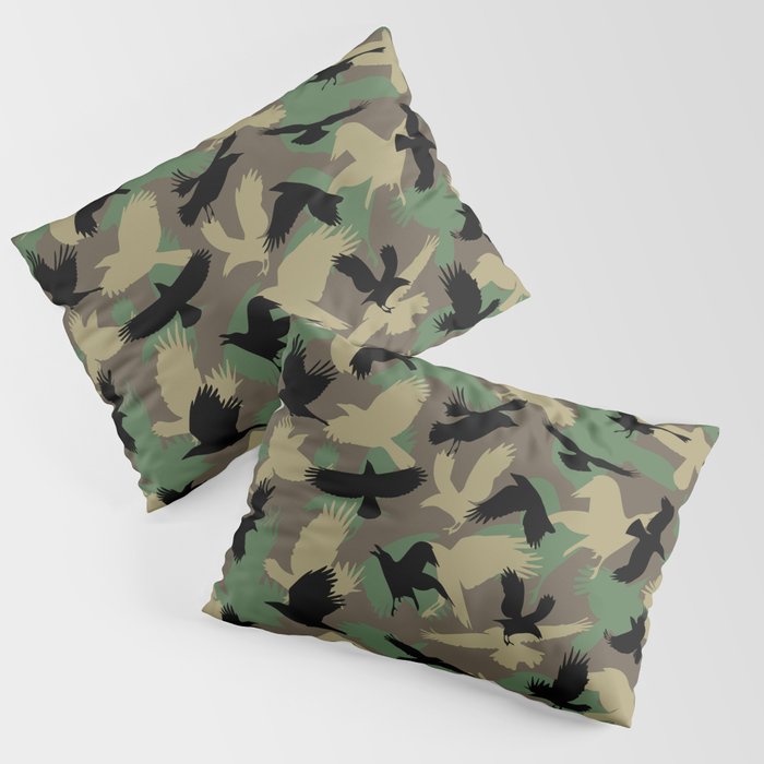 Raven Crow Flying Birds Green Jungle Camo Camouflage Pattern Pillow Sham