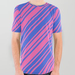 [ Thumbnail: Hot Pink and Royal Blue Colored Lines/Stripes Pattern All Over Graphic Tee ]