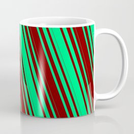 [ Thumbnail: Green & Maroon Colored Striped/Lined Pattern Coffee Mug ]