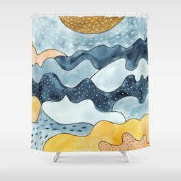 Abstract modern minimalist landscape with golden Sun, indigo sea and sand beach. watercolor illustration  Shower Curtain