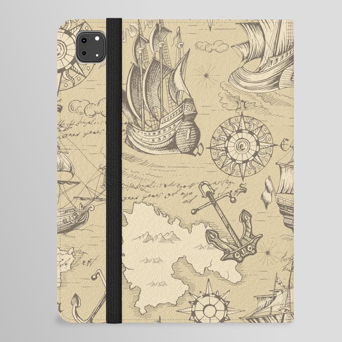 Vintage abstract seamless pattern on the theme of travel, adventure and discovery and pirates. Vintage repeating background with hand-drawn ships, anchors, wind rose and islands.  iPad Folio Case