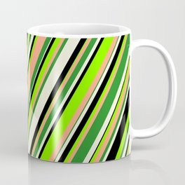 [ Thumbnail: Eyecatching Chartreuse, Light Salmon, Forest Green, Beige & Black Colored Striped/Lined Pattern Coffee Mug ]