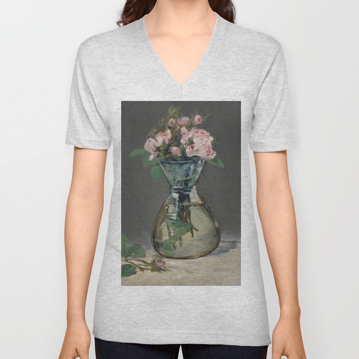 Moss Roses in a Vase, 1882 by Edouard Manet V Neck T Shirt