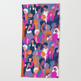 Every day we glow International Women's Day // midnight navy blue background violet purple curious blue shocking pink and orange copper humans  Beach Towel