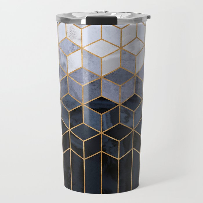 Dark Blue Navy Gradient Cubes Pattern Travel Mug