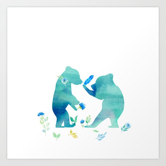 Playing bear kids- Watercolor animal illustration Art Print