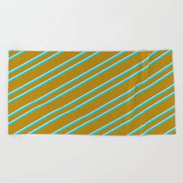 [ Thumbnail: Dark Goldenrod, Light Blue, and Dark Turquoise Colored Lined/Striped Pattern Beach Towel ]