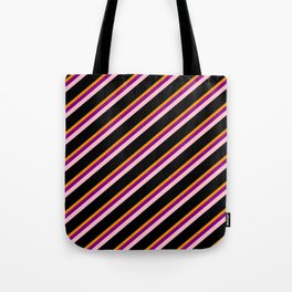 [ Thumbnail: Eyecatching Green, Dark Orange, Purple, Pink & Black Colored Lines Pattern Tote Bag ]