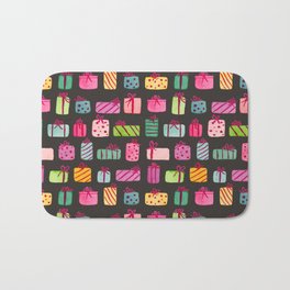 Colorful Wrapped Packages on Black Bath Mat | Presents, Christmaswrapping, Pattern, Redribbon, Christmasdecor, Colorfulchristmas, Colorfulboxes, Prettyboxes, Wrappedboxes, Vintagechristmas 
