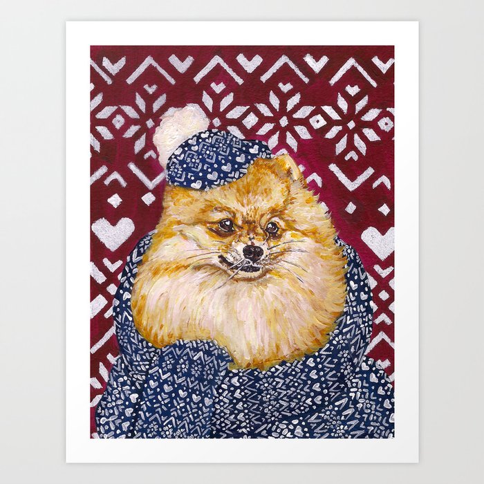Pomeranian in a Hat and Scarf Art Print