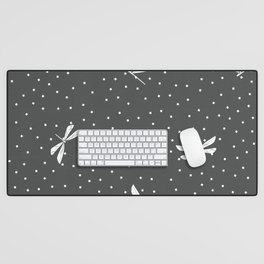 White Dragonfly Christmas seamless pattern and Snow White Confetti on Dark Grey Background Desk Mat