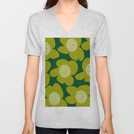 Large Retro Flowers Olive Green Petals White Center Dark Green Background #decor #society6 #buyart V Neck T Shirt