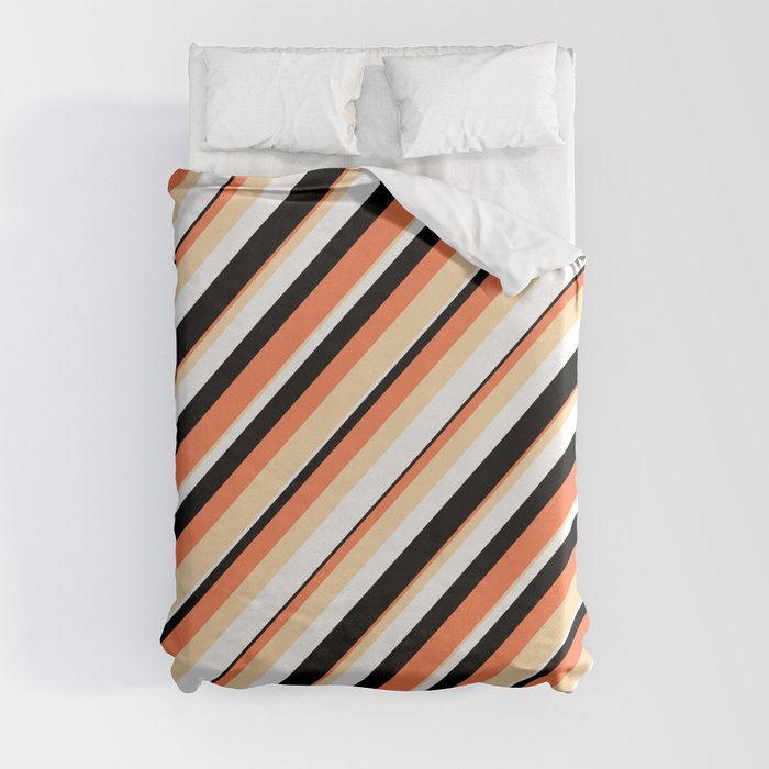 Coral, Tan, White & Black Colored Lines/Stripes Pattern Duvet Cover