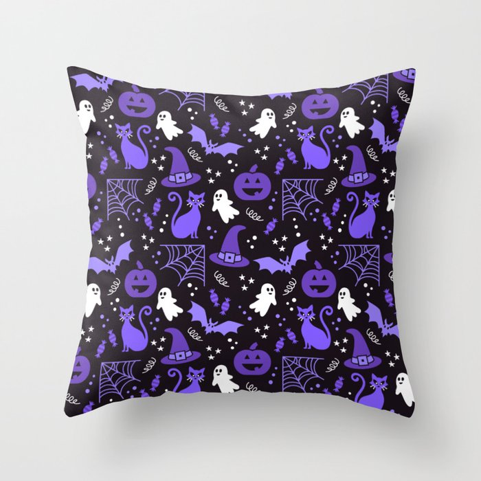 Halloween party illustrations purple, black Throw Pillow
