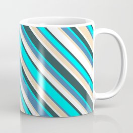 [ Thumbnail: Eye-catching Blue, Tan, White, Dark Slate Gray, and Cyan Colored Lined/Striped Pattern Coffee Mug ]