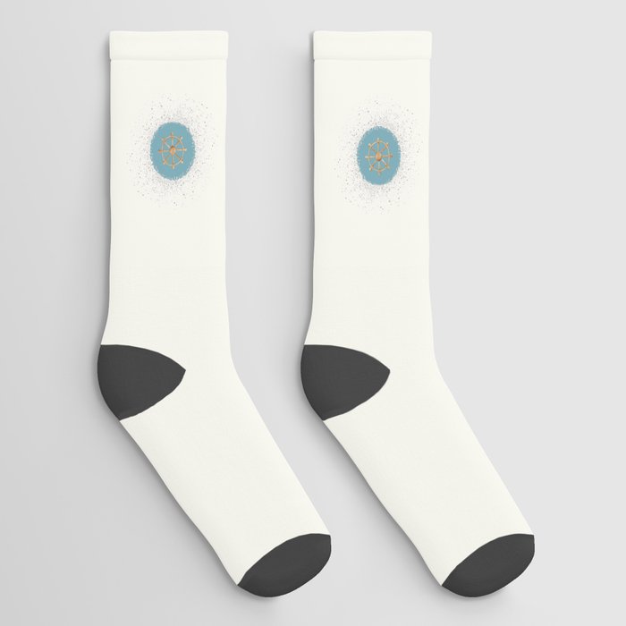Steering Ship and Blue Circle on Cream Off-White Socks