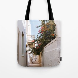 Small Greek Street | Flower Filled Mediterranean Ally | Travel Photography on the Islands of Greece Tote Bag