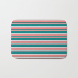 [ Thumbnail: Light Coral, Teal, and Light Grey Colored Lined/Striped Pattern Bath Mat ]