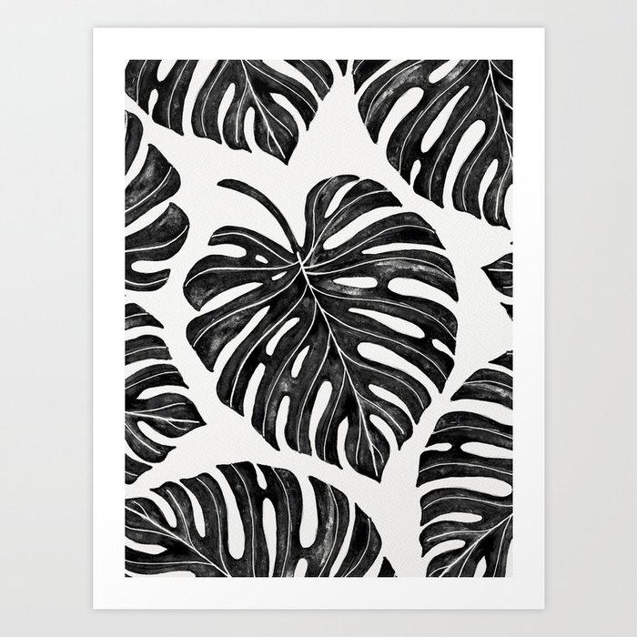 Watercolor Palm Leaves Black and White Art Print